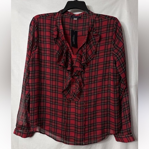 Tommy Hilfiger Tops - Tommy Hilfiger NWT Ruffled Lined Plaid Vneck Long Sleeve Button Cuff Blouse